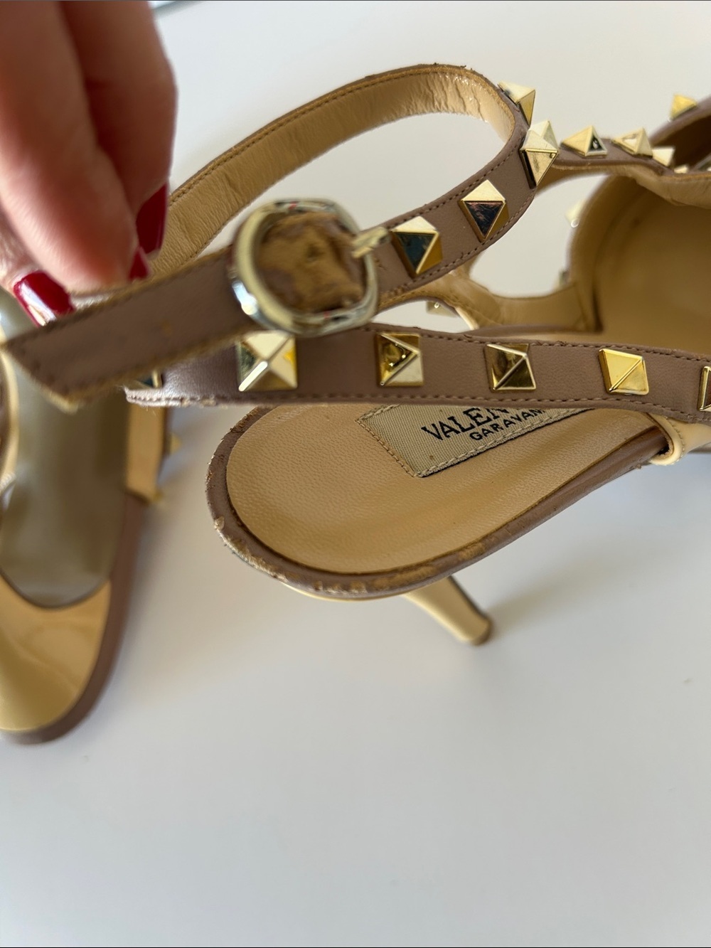 Valentino Patent Pointed Slingback Pumps with Gold Studs in Tan and Mauve - Picture 8 of 11